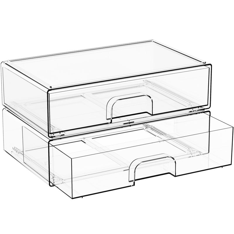 Yieach 2 Pack Acrylic Drawer Organizer,12.2''W Clear Stackable Storage Drawers,Acrylic Boxes for Storage Makeup Palettes,Cosmetics,Pull Out Bathroom Storage Bins for Hair Products,Medicine Cabinet Organizer - Image 1