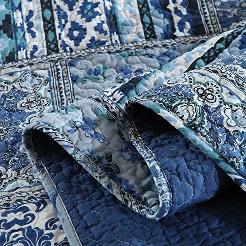 NEWLAKE Cotton Bedspread Quilt Sets-Reversible Patchwork Coverlet Set, Blue Classic Bohemian Pattern,Queen Size - Image 5