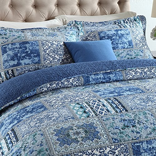 NEWLAKE Cotton Bedspread Quilt Sets-Reversible Patchwork Coverlet Set, Blue Classic Bohemian Pattern,Queen Size - Image 2