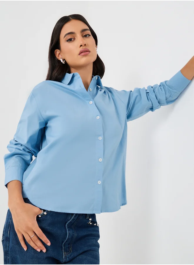 ستايلي Solid Oxford Oversized Fit Shirt with High Low Hem