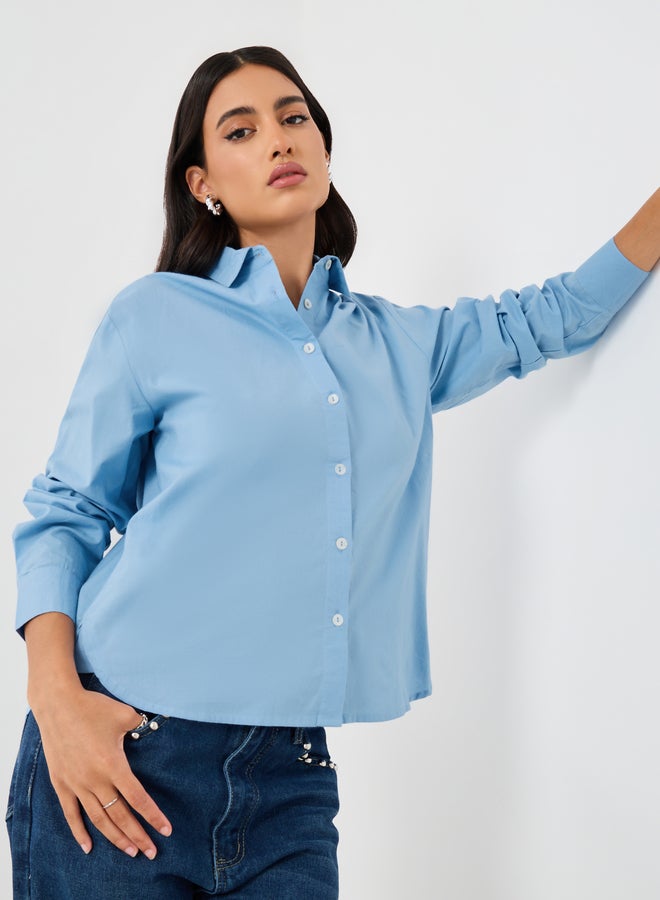 Styli Solid Oxford Oversized Fit Shirt with High Low Hem - Image 1