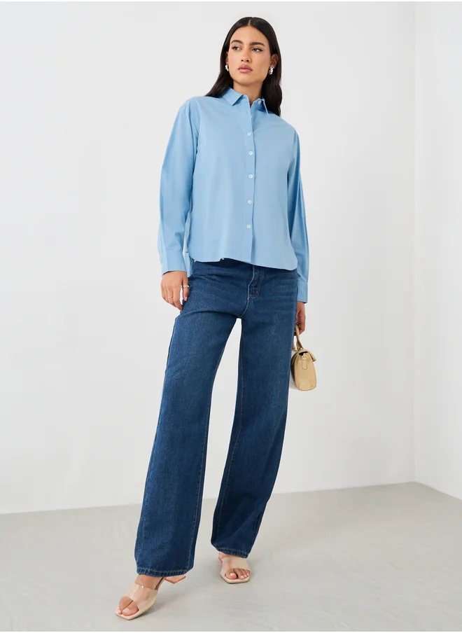 ستايلي Solid Oxford Oversized Fit Shirt with High Low Hem