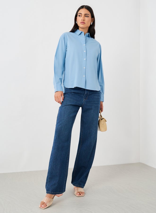 Styli Solid Oxford Oversized Fit Shirt with High Low Hem - Image 2