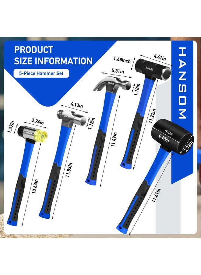 HANSOM 5-Pack Hammer Set,Rubber Mallet 32oz, Double-Faced Mallet 22oz,16oz Claw Hammer,16oz Ball Peen Hammer,3lb Sledge Hammer,Ergonomic Handle - Image 4