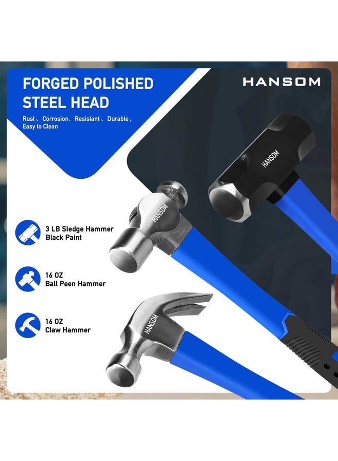 HANSOM 5-Pack Hammer Set,Rubber Mallet 32oz, Double-Faced Mallet 22oz,16oz Claw Hammer,16oz Ball Peen Hammer,3lb Sledge Hammer,Ergonomic Handle - Image 2
