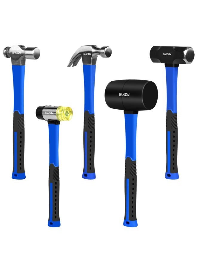 HANSOM 5-Pack Hammer Set,Rubber Mallet 32oz, Double-Faced Mallet 22oz,16oz Claw Hammer,16oz Ball Peen Hammer,3lb Sledge Hammer,Ergonomic Handle - Image 1