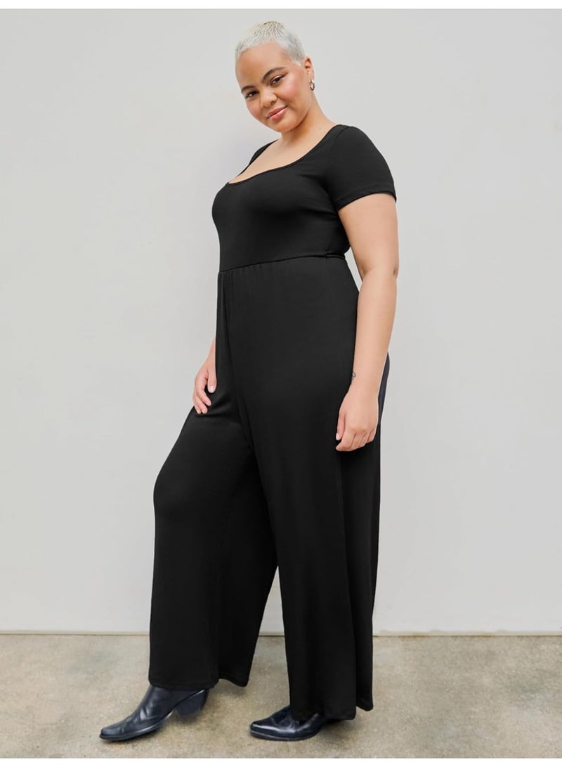 Women’s Plus Size Black Wide Leg Jumpsuit – Round Neck, Short Sleeve, Comfortable & Chic  - Image 3