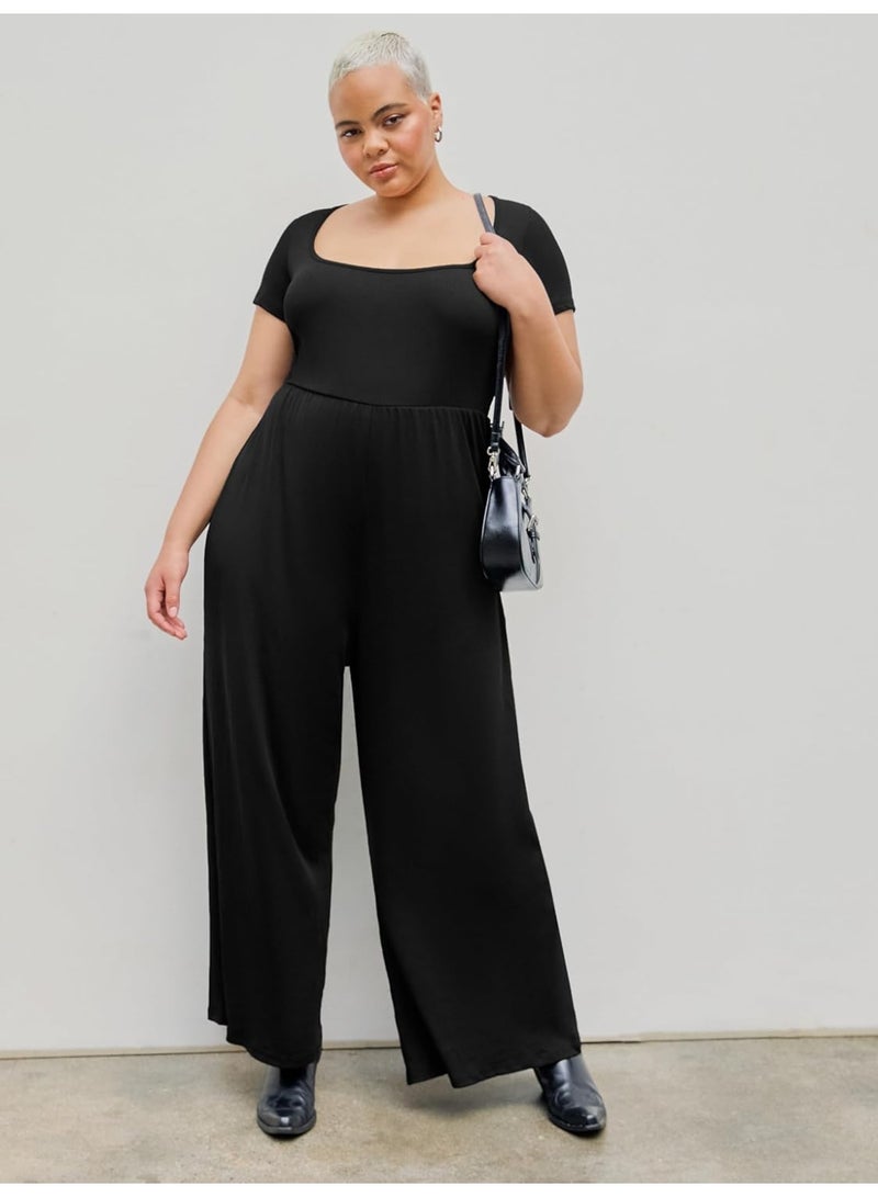 Women’s Plus Size Black Wide Leg Jumpsuit – Round Neck, Short Sleeve, Comfortable & Chic  - Image 4