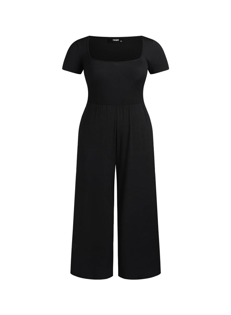 Women’s Plus Size Black Wide Leg Jumpsuit – Round Neck, Short Sleeve, Comfortable & Chic  - Image 5