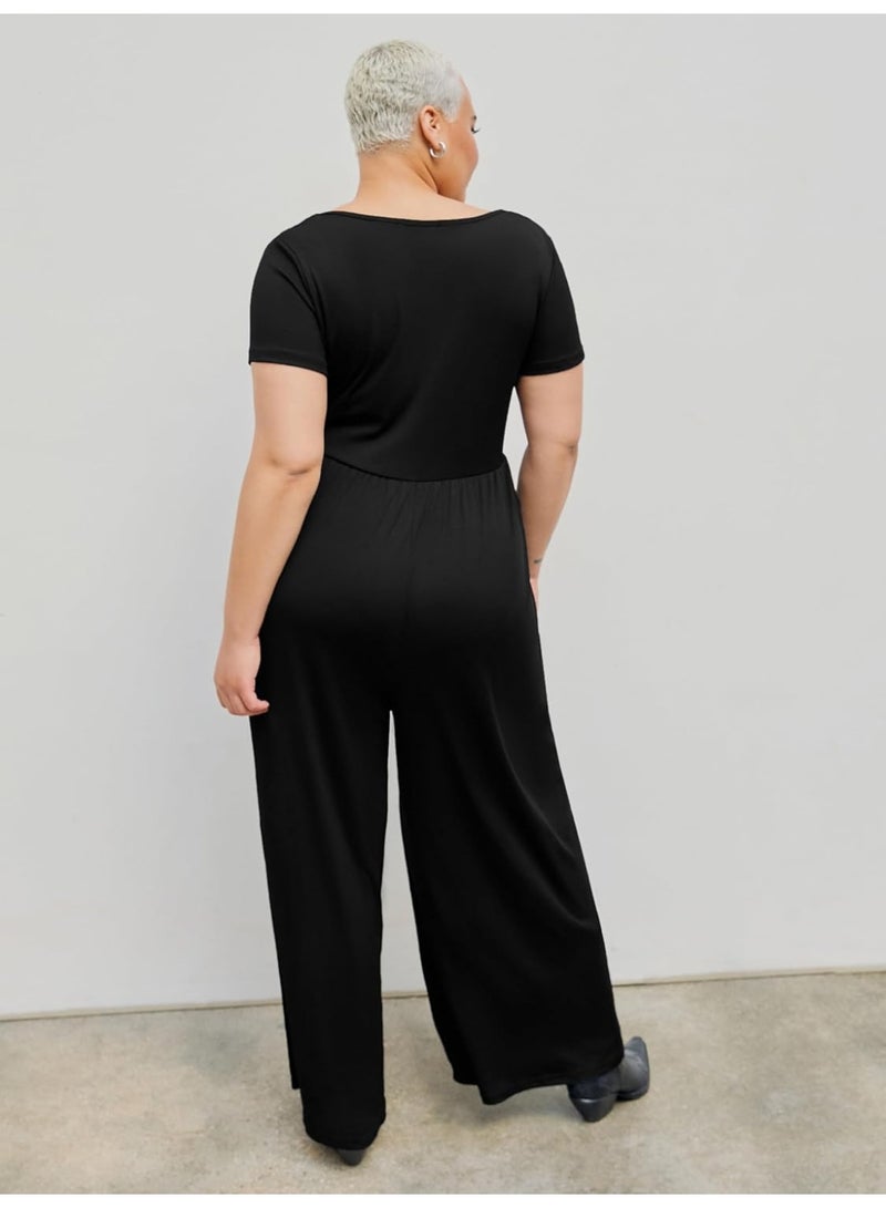 Women’s Plus Size Black Wide Leg Jumpsuit – Round Neck, Short Sleeve, Comfortable & Chic  - Image 1