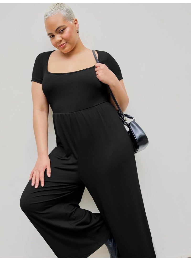 Women’s Plus Size Black Wide Leg Jumpsuit – Round Neck, Short Sleeve, Comfortable & Chic  - Image 2