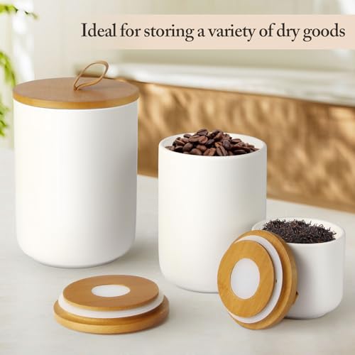 YUNLINLI 3-Piece Ceramic Canisters Set,Airtight Food Storage Jars with Bamboo Lids for Kitchen Countertop,Flour Sugar Coffee Tea Pasta Cookie Container,White Decorative Pantry Organization Jars - Image 5