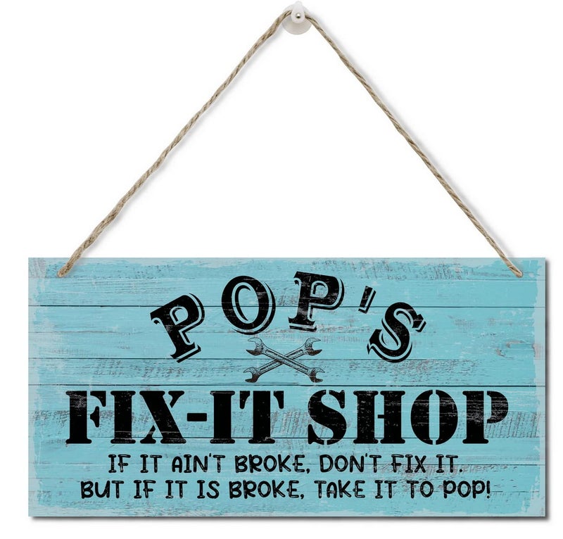 Razpah Vintage ""Pop's Fix-It Shop If It Ain't Broke  Don't Fix It. But If It Is Broke  Take It To Pop"" Decor Sign  Printed Wood Plaque Sign  Hanging Wood Sign Home Decor  Gift for Grandpa 12""x6"" - Image 1