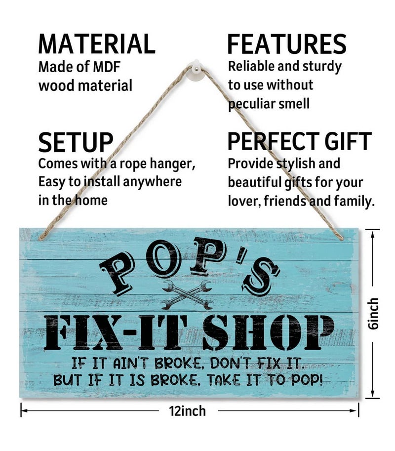Razpah Vintage ""Pop's Fix-It Shop If It Ain't Broke  Don't Fix It. But If It Is Broke  Take It To Pop"" Decor Sign  Printed Wood Plaque Sign  Hanging Wood Sign Home Decor  Gift for Grandpa 12""x6"" - Image 3