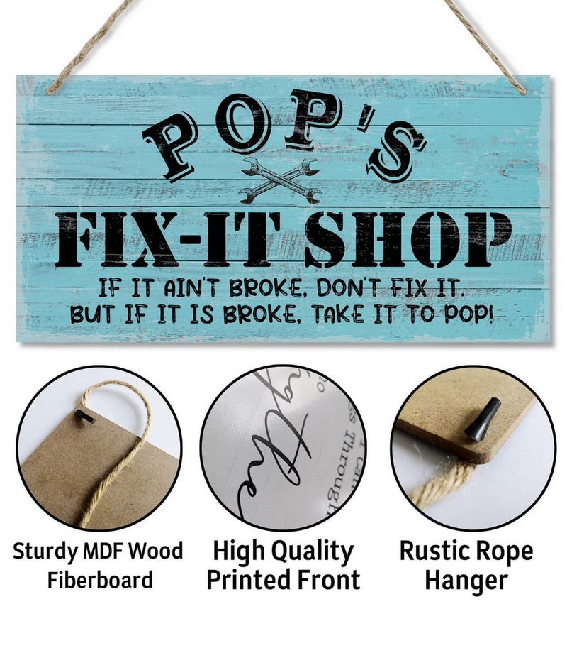 Razpah Vintage ""Pop's Fix-It Shop If It Ain't Broke  Don't Fix It. But If It Is Broke  Take It To Pop"" Decor Sign  Printed Wood Plaque Sign  Hanging Wood Sign Home Decor  Gift for Grandpa 12""x6"" - Image 5