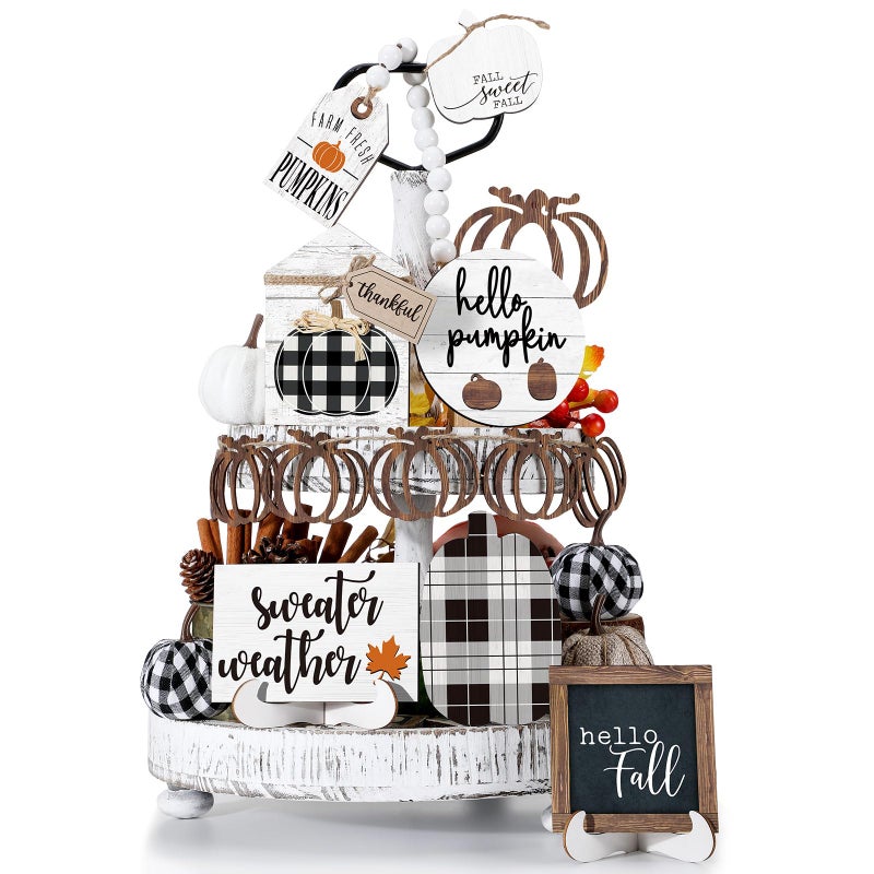 Reallnaive 18 Pcs Fall Thanksgiving Tiered Tray Decor Set Pumpkin Leaf Buffalo Plaid Wood Sign Hello Fall Rustic Farmhouse Tray Decoration Tabletop Sign for Autumn Home Kitchen FestivalVintage Plaid - Image 2