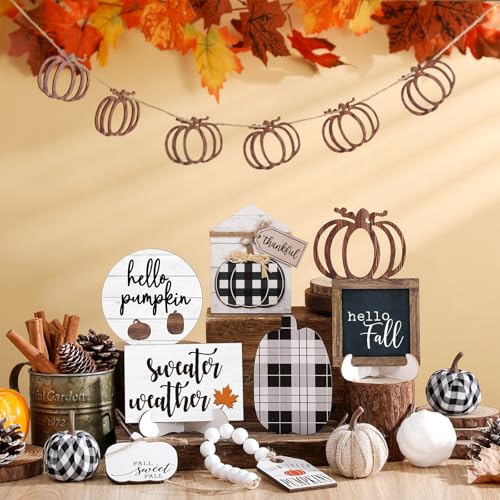 Reallnaive 18 Pcs Fall Thanksgiving Tiered Tray Decor Set Pumpkin Leaf Buffalo Plaid Wood Sign Hello Fall Rustic Farmhouse Tray Decoration Tabletop Sign for Autumn Home Kitchen FestivalVintage Plaid - Image 3
