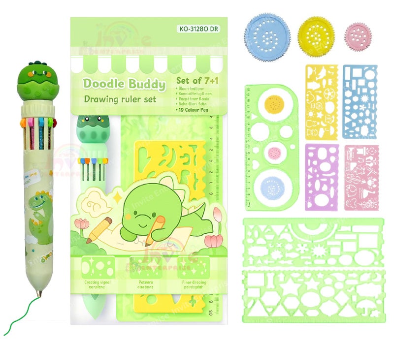 Invite Enterprise Cute Creative Doodle Ruler Stationery Set for Kids – DIY Drawing Tools, Stencils & Geometric Shapes for Fun Learning & Art Projects Supplies for School & Home Use (Dinosaur-KQ3128B) - Image 1
