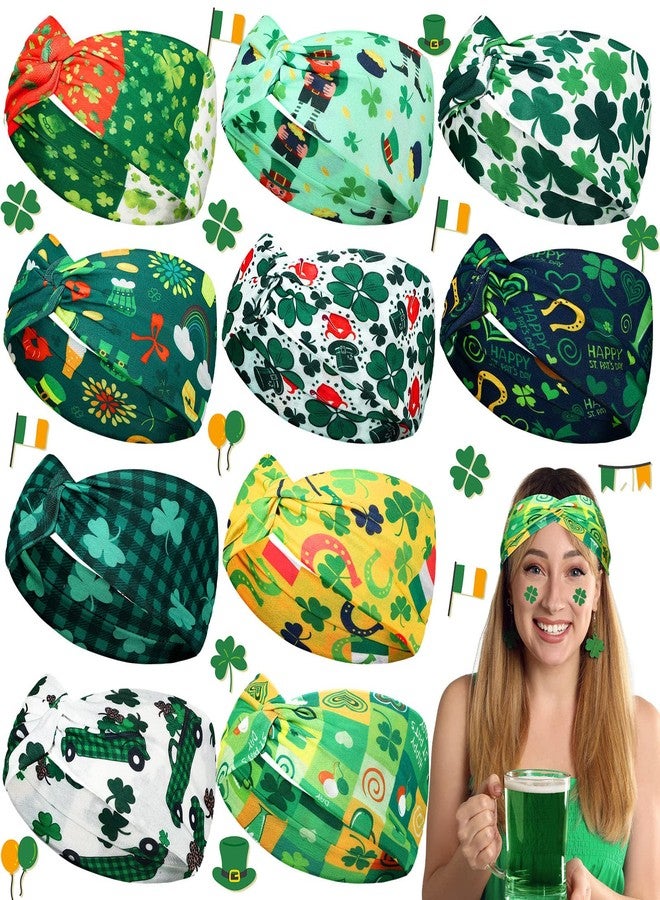 Giegxin 10 Pcs Halloween Headbands for Women Fall Thanksgiving Pumpkin Hair Band Notted Wide Elastic Hair Accessories for Holiday Gift(Shamrock) - Image 1