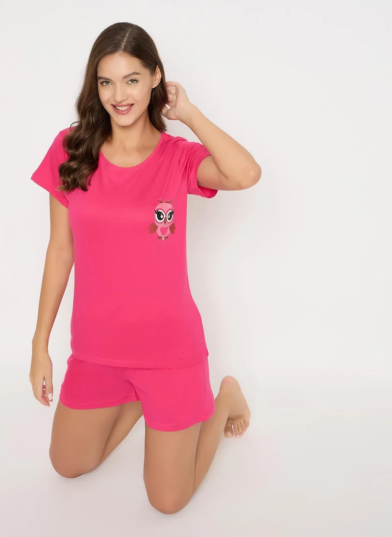 كلوفيا Clovia Owl Print Top & Chic Basic Shorts Set in Fuschia Pink - 100% Cotton
