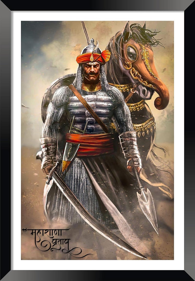 DBrush Synthetic Wood Maharana Pratap Painting with Frame 12x18 Inch Without Glass Frame Width 1 Inch Variation 1 Black - Image 1