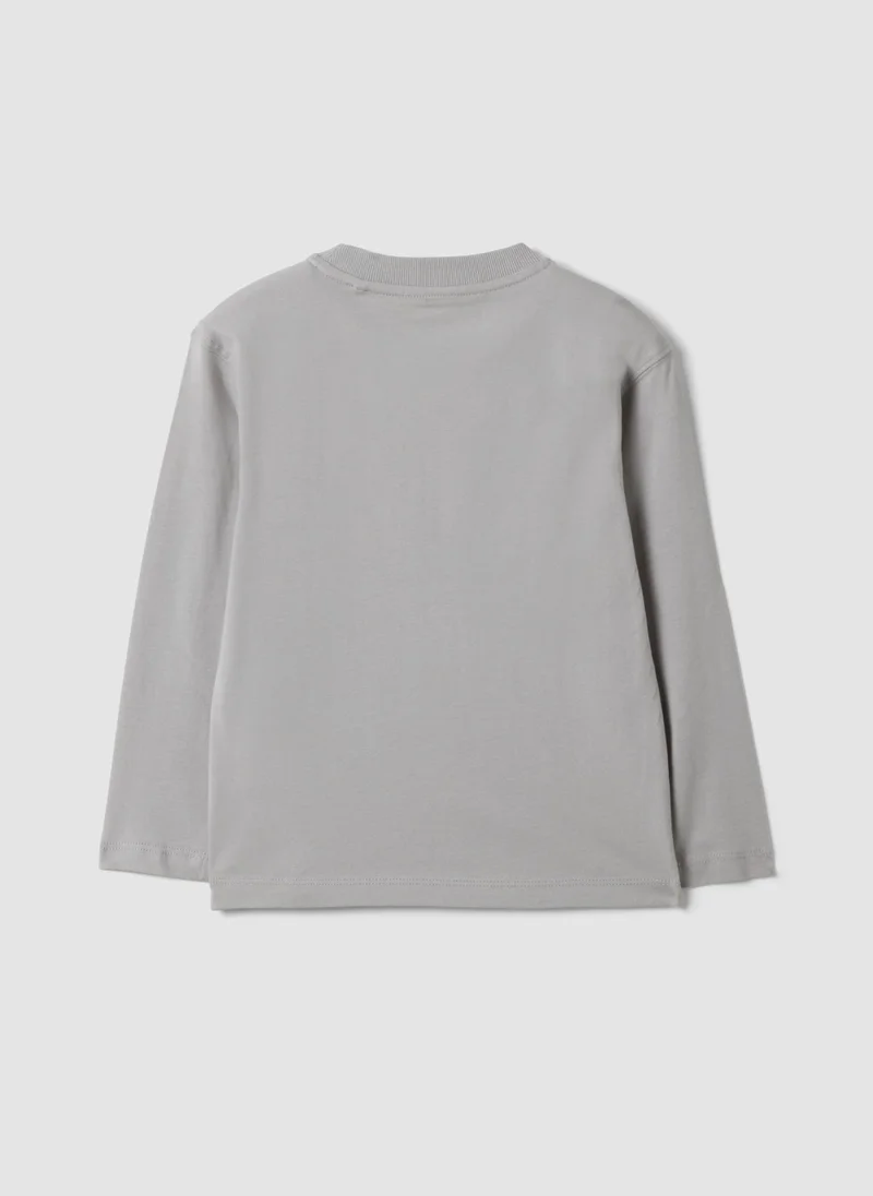 او في اس OVS Grey oversized T-shirt in pure organic cotton with racing print for boys