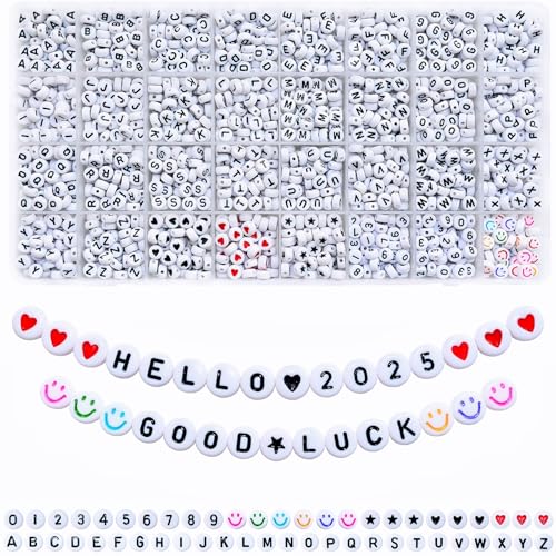 Looconi Amaney 1600pcs Acrylic Letter Beads - 4x7mm White, A-Z 31 Styles for Jewelry Making Bracelets, Necklaces, Key Chains - Image 1