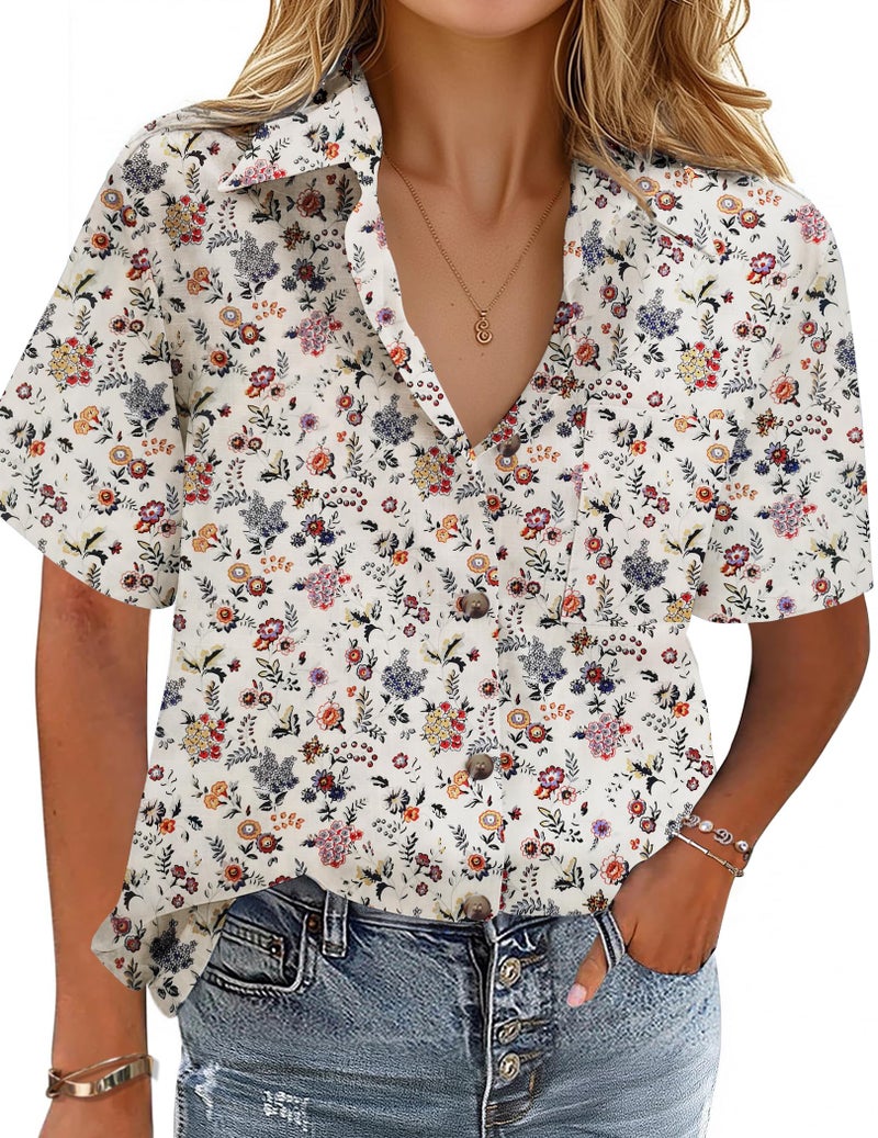 HOTOUCH Floral Button Up Shirt Women Short Sleeve Blouse Casual Button Down Shirt Linen Cotton Tops Loose Fit - Image 1