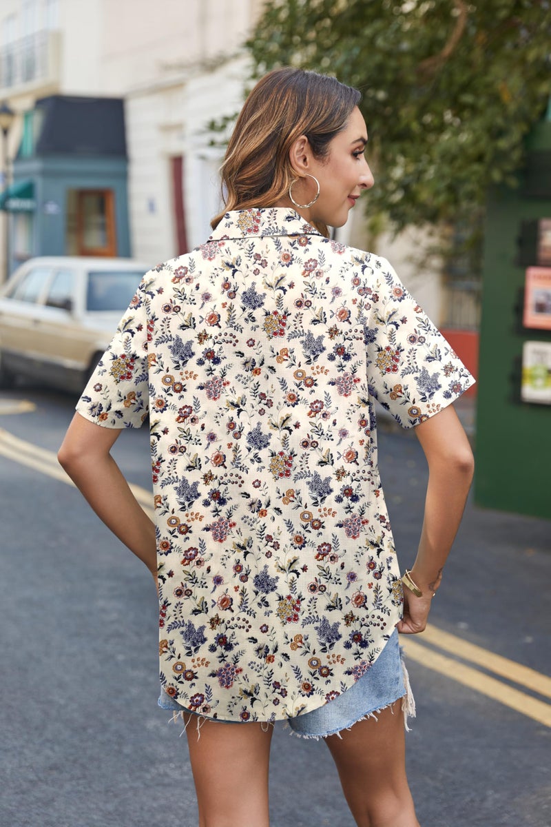 HOTOUCH Floral Button Up Shirt Women Short Sleeve Blouse Casual Button Down Shirt Linen Cotton Tops Loose Fit - Image 5