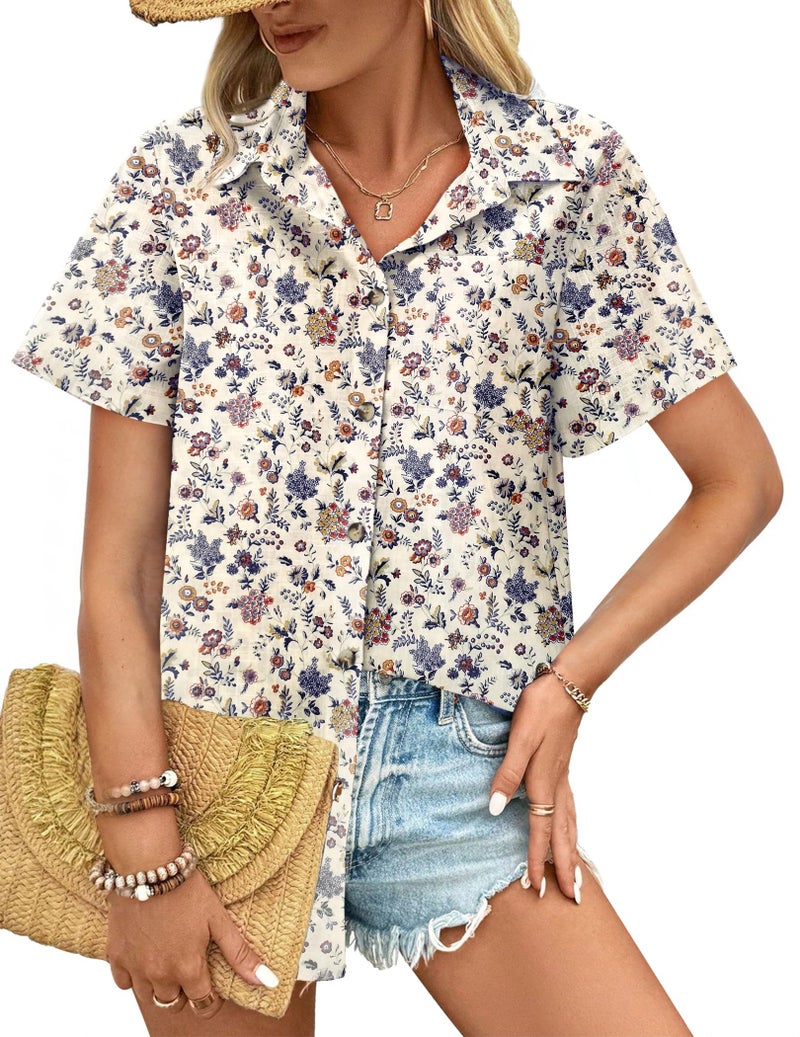 HOTOUCH Floral Button Up Shirt Women Short Sleeve Blouse Casual Button Down Shirt Linen Cotton Tops Loose Fit - Image 2