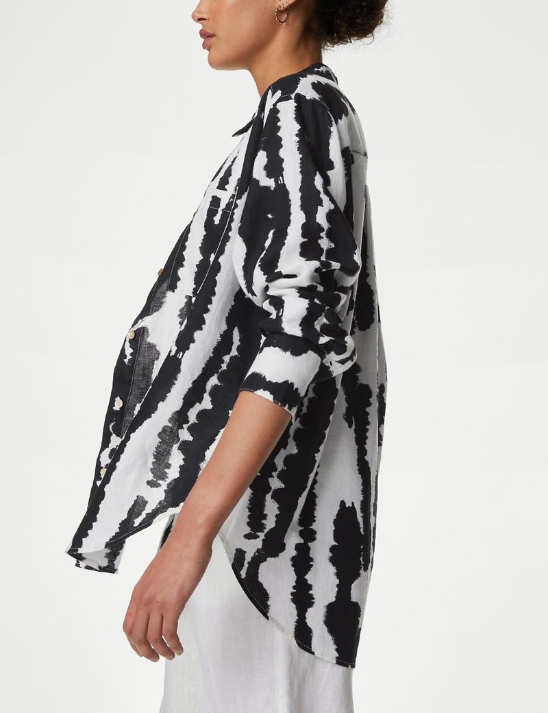 Marks & Spencer Pure Linen Printed Collared Relaxed Shirt - Image 2