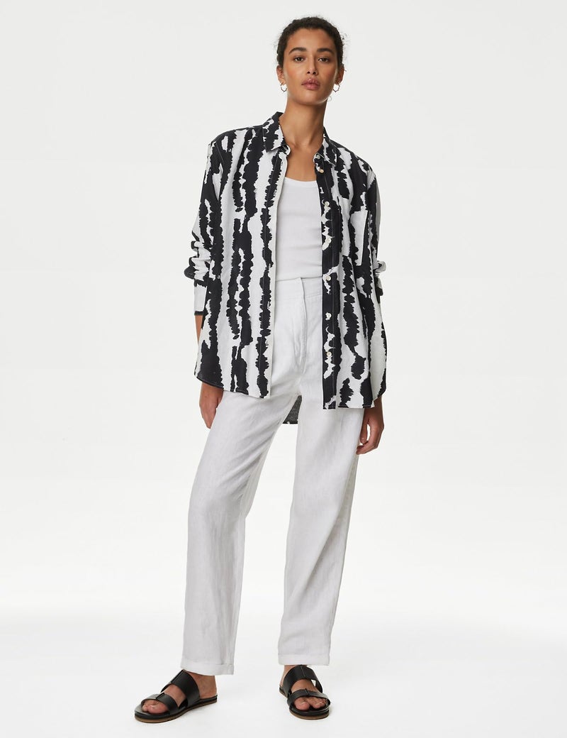 Marks & Spencer Pure Linen Printed Collared Relaxed Shirt - Image 4