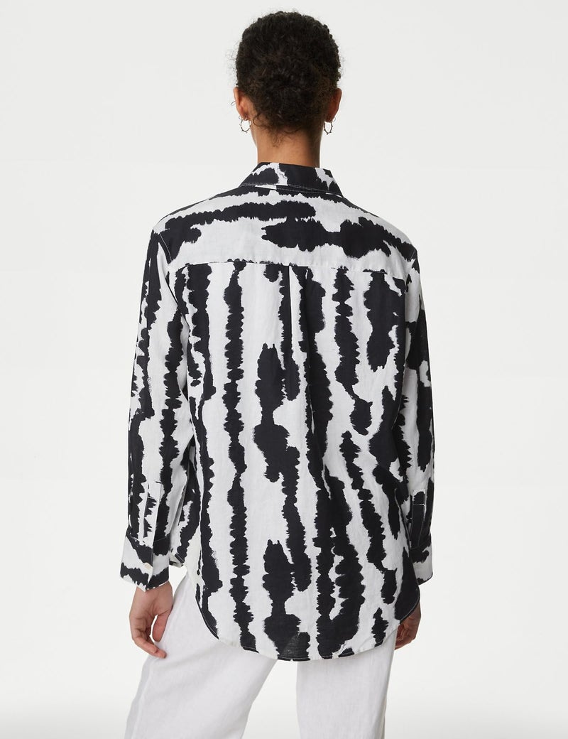Marks & Spencer Pure Linen Printed Collared Relaxed Shirt - Image 5