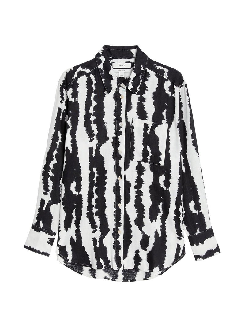 Marks & Spencer Pure Linen Printed Collared Relaxed Shirt - Image 3