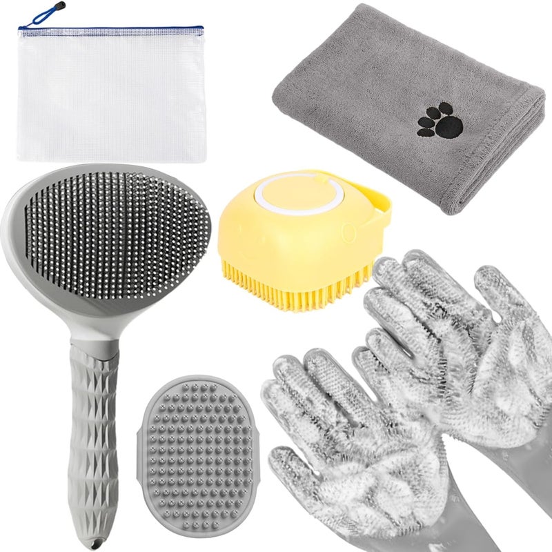 KUEIOX 6-in-1 Grey Pet Grooming Kit: Hair Brush, Towel, Washing Gloves, Slicker Brush, and Shampoo Scrubber for Dogs and Cats - Image 1