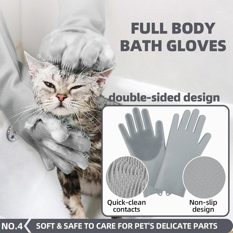 KUEIOX 6-in-1 Grey Pet Grooming Kit: Hair Brush, Towel, Washing Gloves, Slicker Brush, and Shampoo Scrubber for Dogs and Cats - Image 5