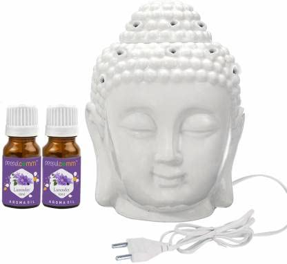 PeepalComm Ceramic Electric Buddha Aroma Diffuser Home Fragrance Night Lamp Light with 2 Lavender Aroma Oil of 10ml Each for Home Office Hotel Spa 10x10x14cm White - Image 1