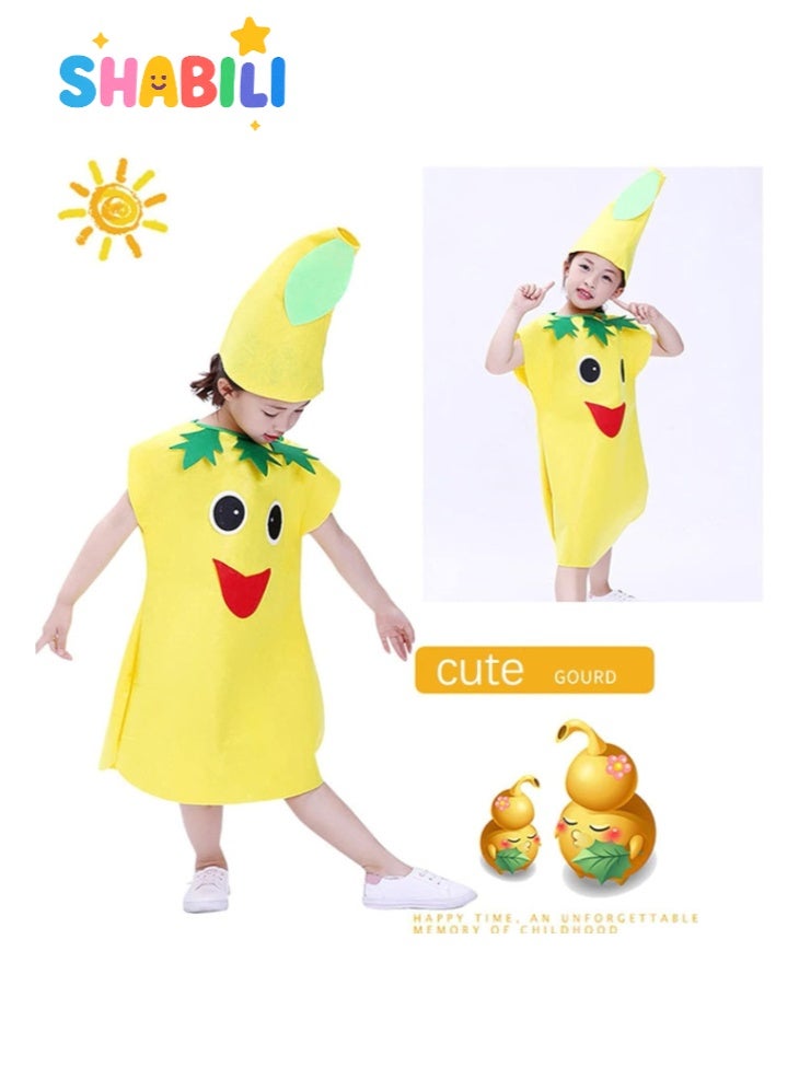 SHABILI Kids Gourd Costume Outfit for Boys and Girls, Cute Yellow Vegetable Fancy Dress for Halloween, School Stage, Cosplay and Party, Cartoon Plant Costume with Hat (Non-Woven Fabric, Fits 100–140cm) - Image 3