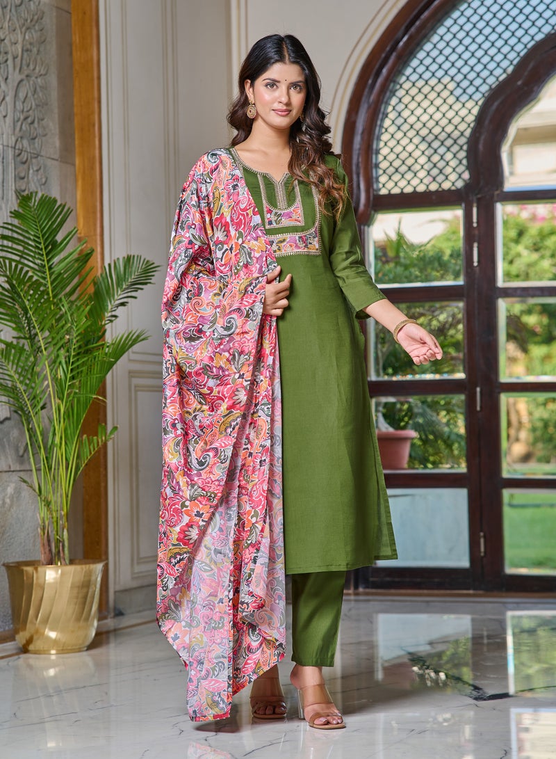 Women's embroidered Light Green Kurti with pant and dupatta set pis  - Image 1