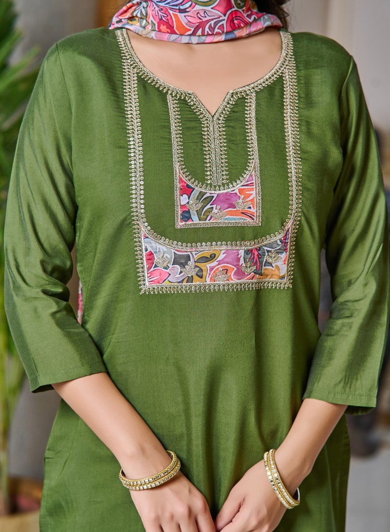 Women's embroidered Light Green Kurti with pant and dupatta set pis  - Image 5