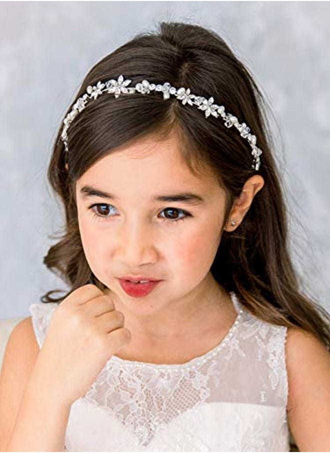 SWEETV Silver Flower Girl Headpiece For Wedding Crystal Floral Girls Headband Princess Hair Accessories For Birthday Party, First Communion  - Image 2