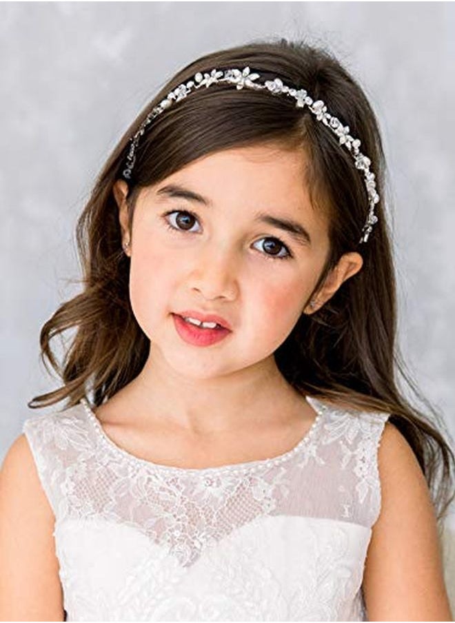SWEETV Silver Flower Girl Headpiece For Wedding Crystal Floral Girls Headband Princess Hair Accessories For Birthday Party, First Communion  - Image 3