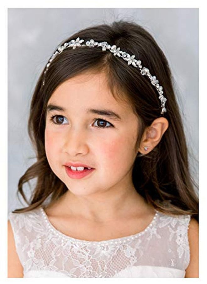SWEETV Silver Flower Girl Headpiece For Wedding Crystal Floral Girls Headband Princess Hair Accessories For Birthday Party, First Communion  - Image 1