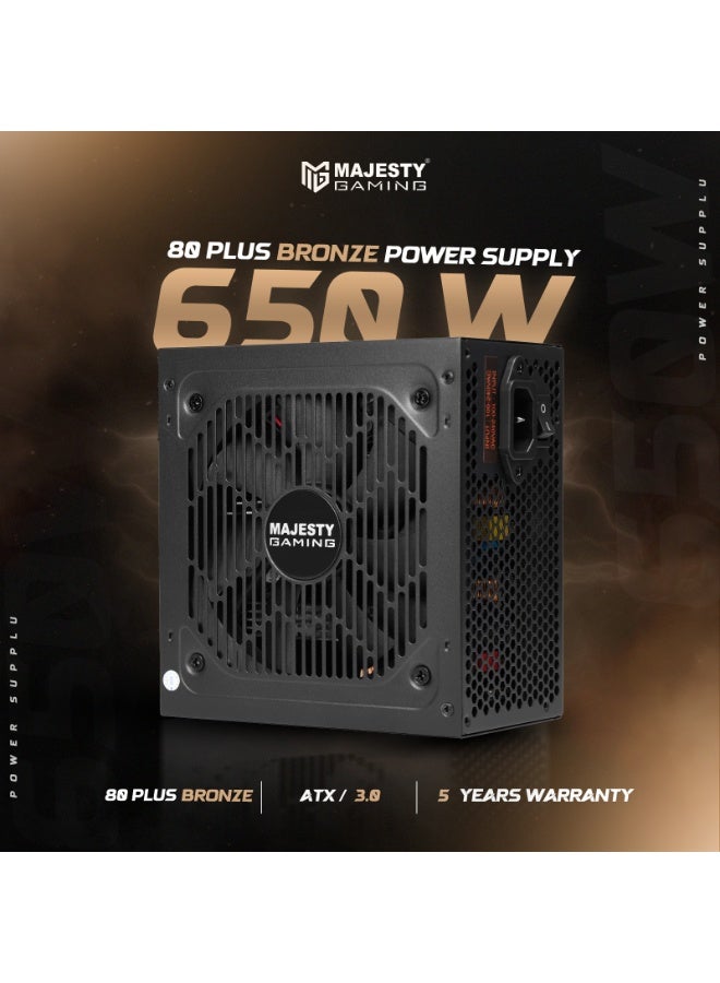 Majesty Power Supply 650W Bronze Non-Modular Low Noise Power Supply - ATX 3.0 and PCIe 5.0 Compatible - 105°C Capacitors - 80+ Bronze Efficiency - Black - 5 Year Warranty - Image 2