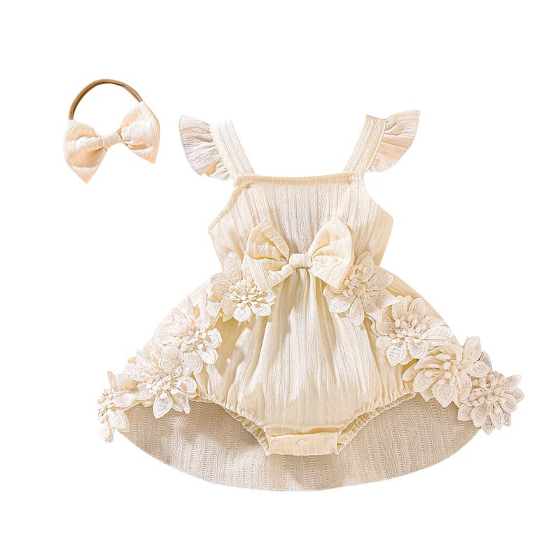 Douhoow Baby Girl Dress Romper Ruffle Sleeveless Bow Front Romper Dress with Headband Infant Girl Summer Clothes (Beige, 3-6 Months) - Image 1