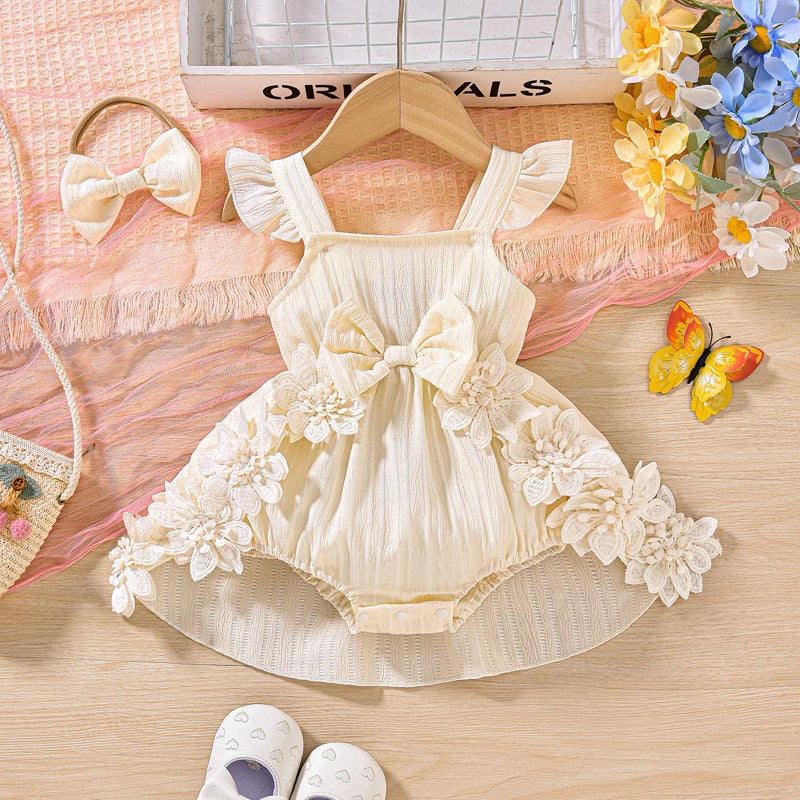 Douhoow Baby Girl Dress Romper Ruffle Sleeveless Bow Front Romper Dress with Headband Infant Girl Summer Clothes (Beige, 3-6 Months) - Image 2