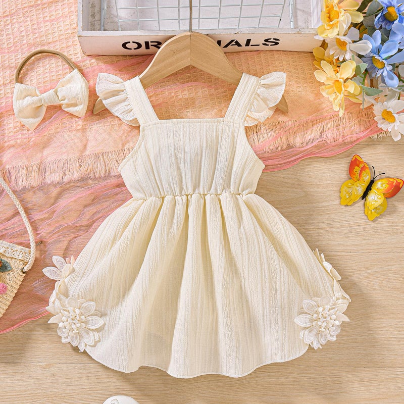 Douhoow Baby Girl Dress Romper Ruffle Sleeveless Bow Front Romper Dress with Headband Infant Girl Summer Clothes (Beige, 3-6 Months) - Image 3