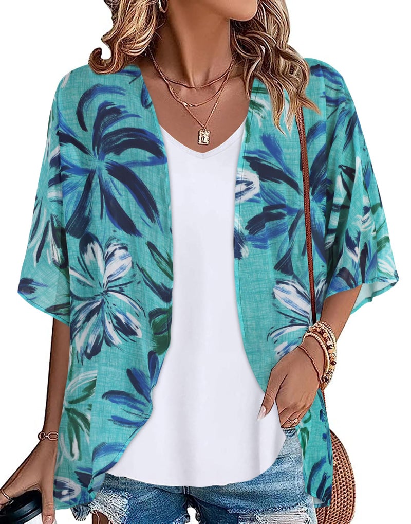 JOELLYUS Womens Kimono Beach Cover Ups Hawaiian Shirts Floral Cardigan Loose Summer Tops (Green Blue Floral,L), Large - Image 1
