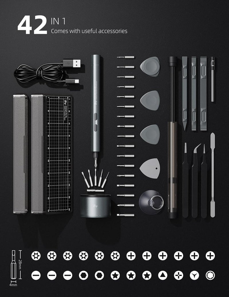 IfU Mini Electric Screwdriver, 42-in-1 Precision Screwdriver Set, Cordless, Magnetic Storage, 5/32''Hex, For Electronics Phone Camera Laptop Watch - Grey - Image 2