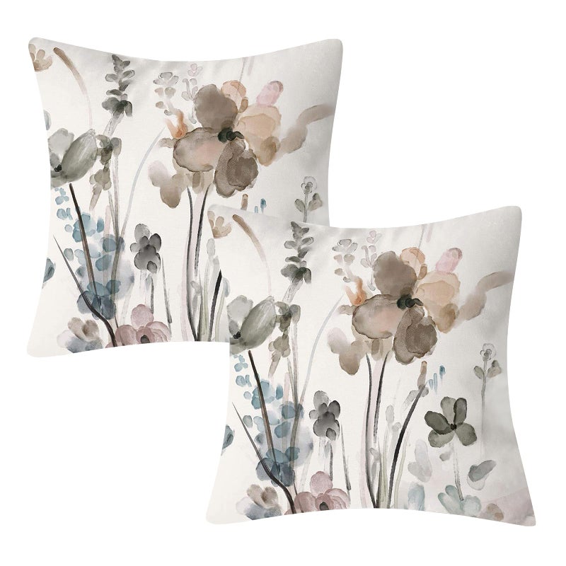 Dixutzi Floral Pillow Covers 20x20, Watercolor Teal Brown Cream Grey Flower Pillow Cushion Cases, Abstract Modern Decorative Throw Pillows for Sofa Couch Living Room Bedroom Car, Set of 2 - Image 1